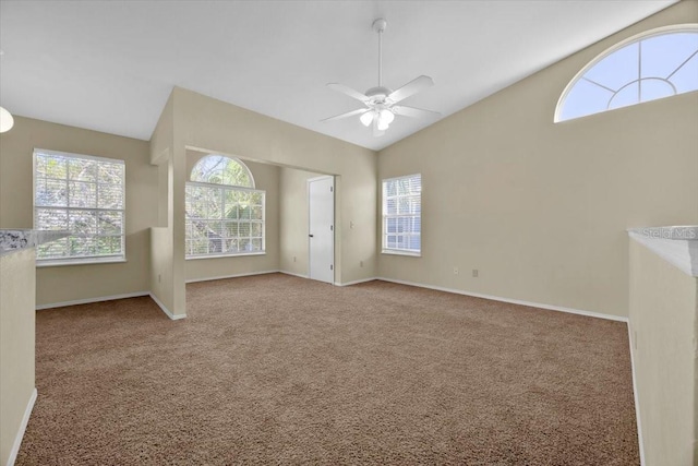 unfurnished living room featuring light colored carpet, ceiling fan, and lofted ceiling