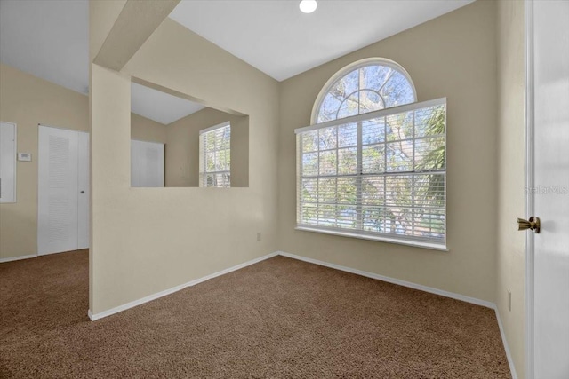 spare room featuring carpet floors and vaulted ceiling