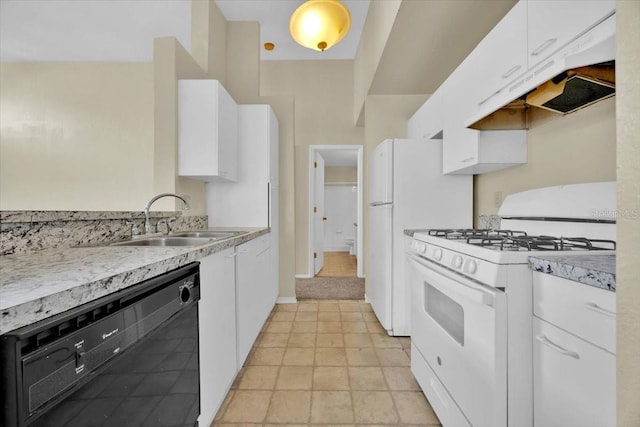 kitchen with white range with gas cooktop, sink, white cabinets, and black dishwasher