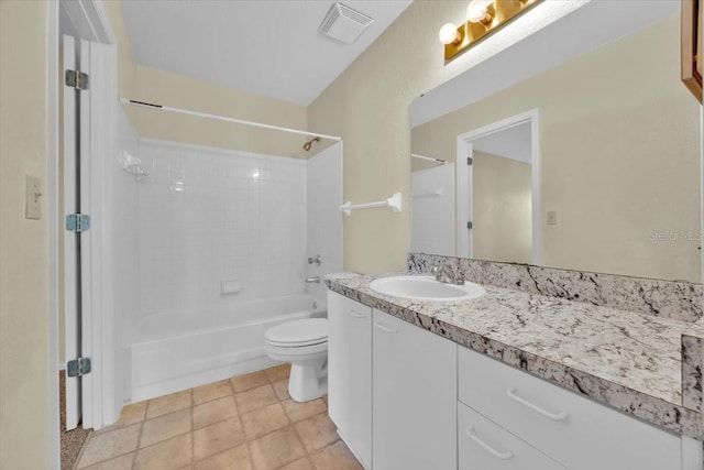 full bathroom featuring vanity, bathtub / shower combination, and toilet