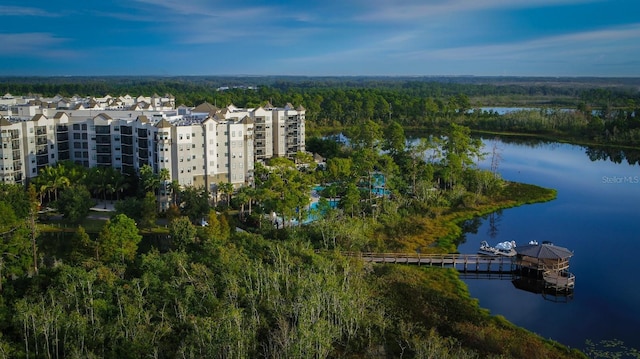 aerial view featuring a water view