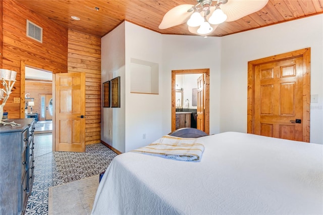 bedroom featuring ceiling fan, wood ceiling, wooden walls, and ensuite bath