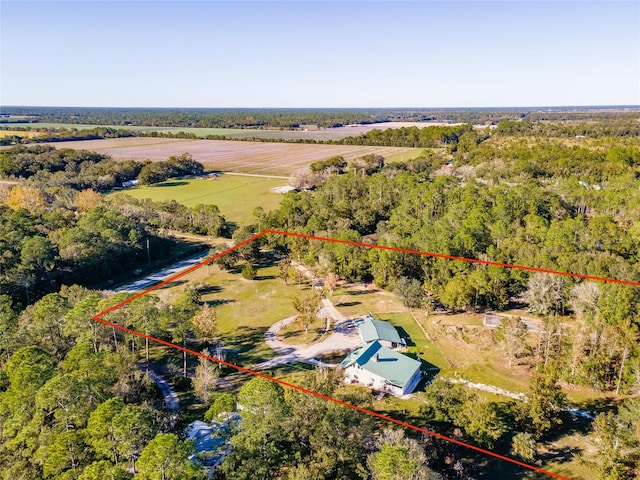 birds eye view of property featuring a rural view