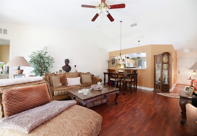 living room featuring ceiling fan, dark wood-type flooring, and vaulted ceiling