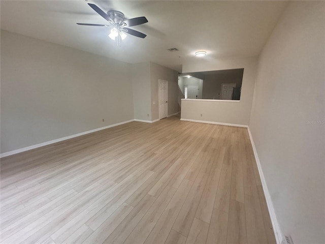 unfurnished living room featuring ceiling fan and light hardwood / wood-style floors