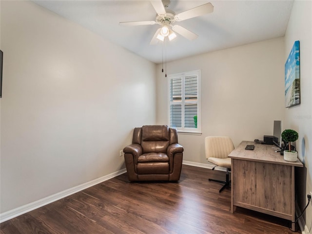 home office featuring ceiling fan and dark wood-type flooring