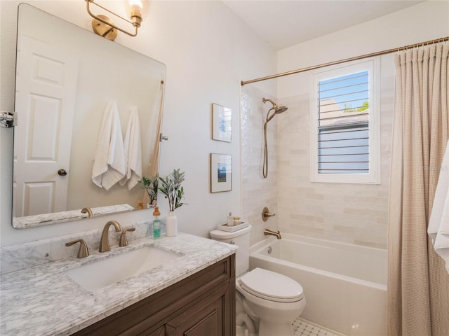 full bathroom featuring tile patterned floors, vanity, toilet, and shower / tub combo with curtain