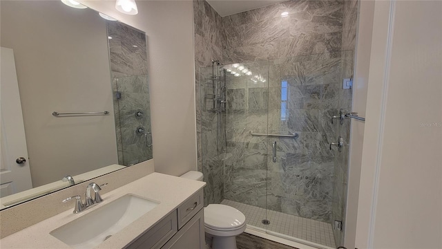 bathroom featuring vanity, toilet, and a shower with door