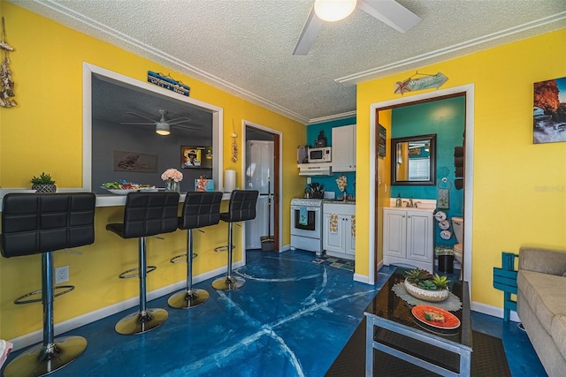 rec room with sink, ornamental molding, and a textured ceiling