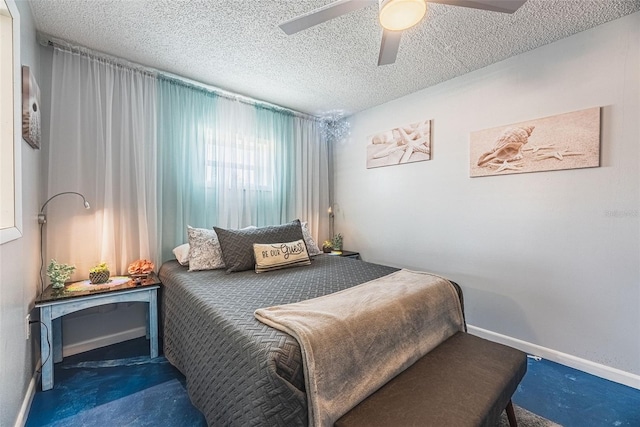 bedroom with a textured ceiling, dark carpet, and ceiling fan