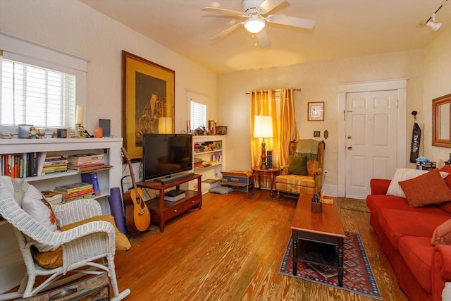 living room with ceiling fan and hardwood / wood-style flooring