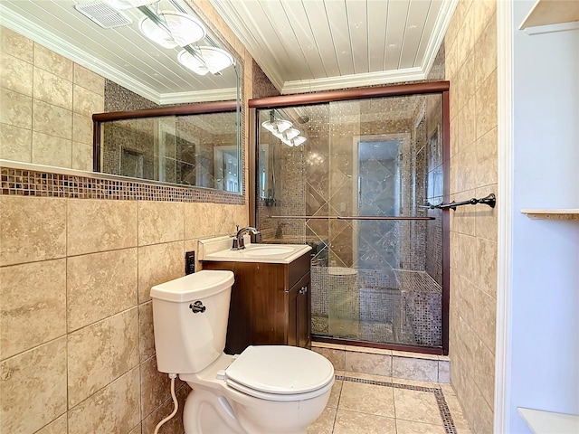 bathroom featuring vanity, crown molding, toilet, tile walls, and an enclosed shower