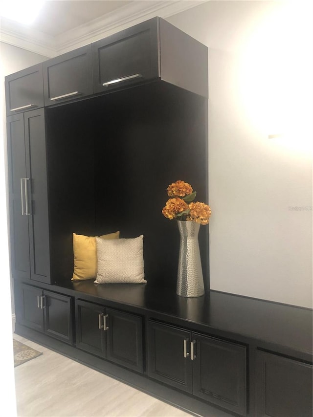 mudroom with light hardwood / wood-style flooring and ornamental molding