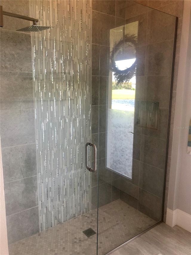 bathroom featuring hardwood / wood-style flooring and walk in shower