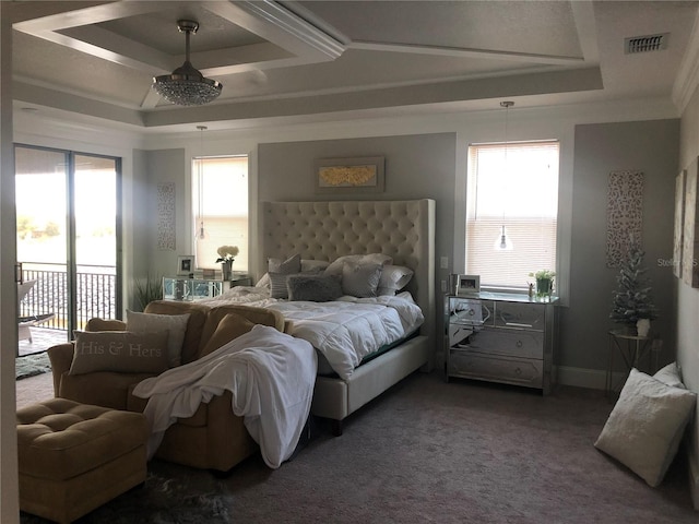 carpeted bedroom with access to outside, a raised ceiling, and crown molding