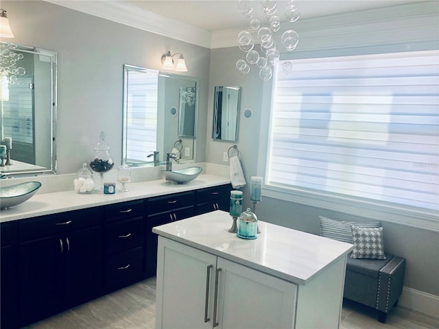 bathroom with vanity, a healthy amount of sunlight, and ornamental molding