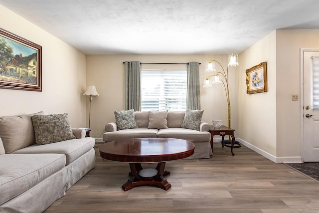 living area featuring baseboards and wood finished floors