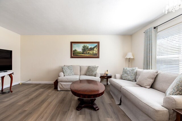 living room with baseboards and wood finished floors