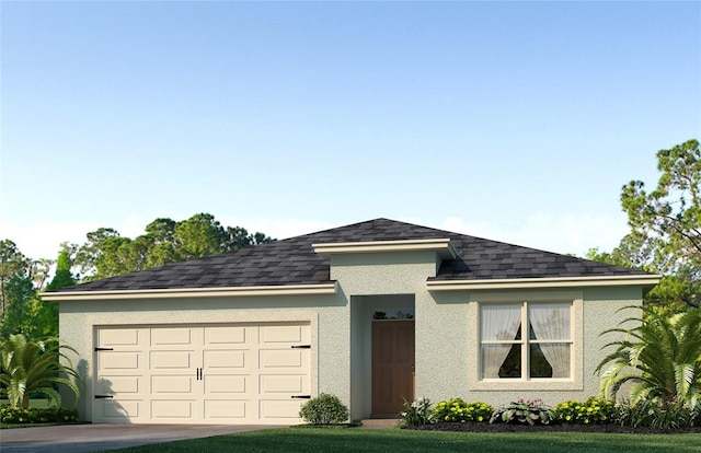 418 St Johns Ln, Kissimmee, FL 34759 - view of front facade with a garage, concrete driveway, stucco siding, and a shingled roof