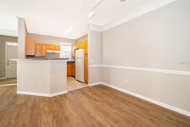 kitchen featuring rail lighting, light hardwood / wood-style flooring, white refrigerator, kitchen peninsula, and crown molding