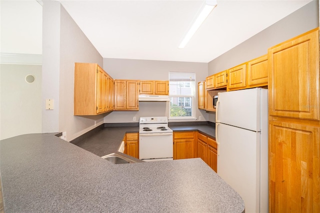 kitchen featuring kitchen peninsula, white appliances, and carpet floors