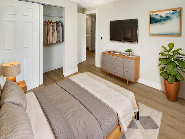 bedroom with wood-type flooring and a closet