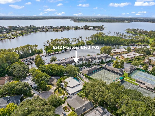 drone / aerial view featuring a water view