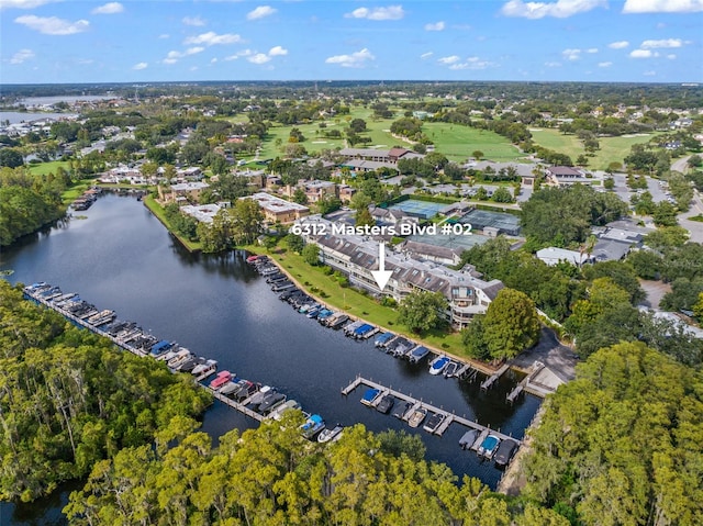 birds eye view of property featuring a water view