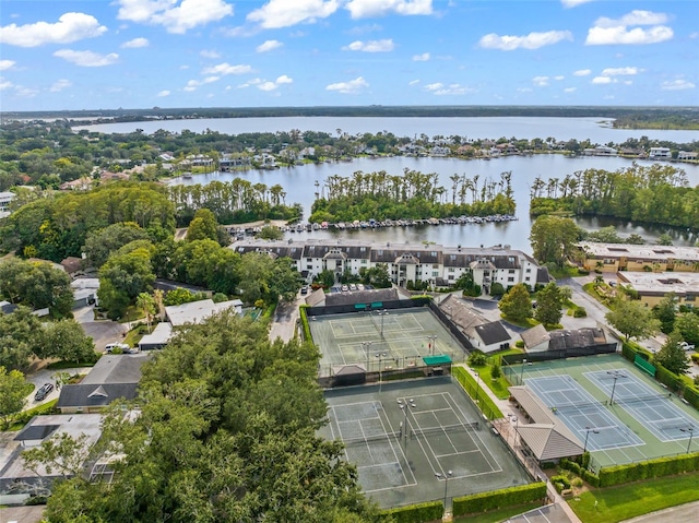 drone / aerial view with a water view