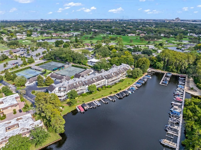 bird's eye view with a water view