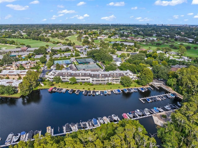 bird's eye view with a water view