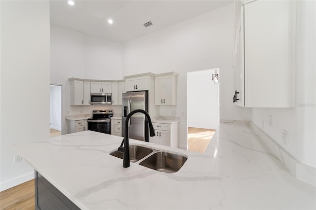 kitchen with light stone countertops, appliances with stainless steel finishes, kitchen peninsula, sink, and white cabinetry