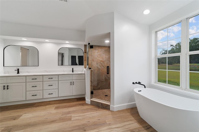 bathroom with separate shower and tub, hardwood / wood-style floors, and vanity