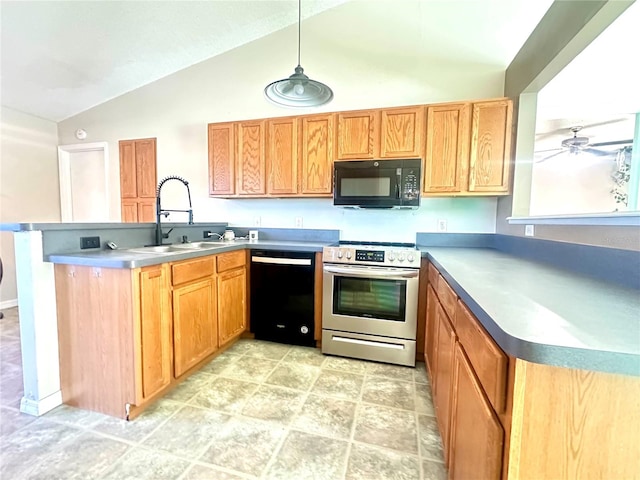 kitchen with lofted ceiling, black appliances, sink, hanging light fixtures, and kitchen peninsula