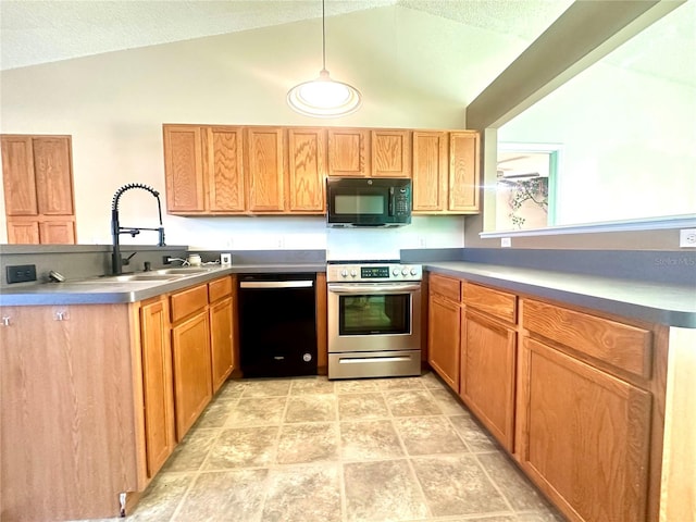 kitchen featuring pendant lighting, sink, lofted ceiling, and black appliances