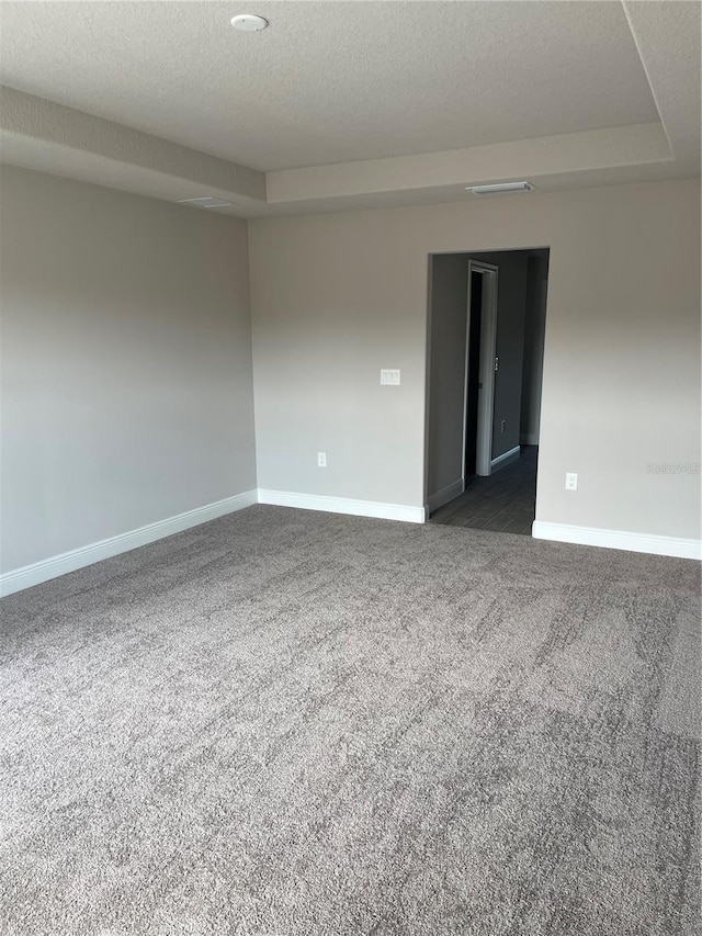 carpeted spare room featuring a raised ceiling and a textured ceiling