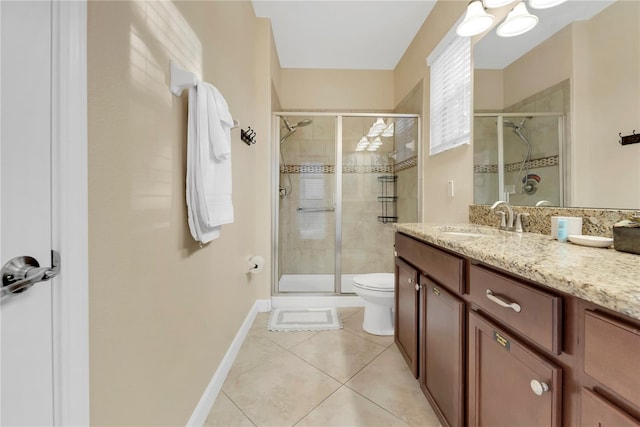 bathroom featuring tile patterned floors, vanity, an enclosed shower, and toilet