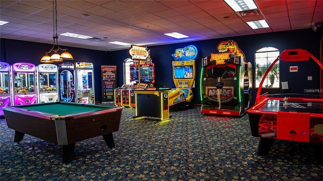 recreation room with carpet floors, a drop ceiling, and pool table