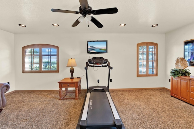 workout room featuring carpet flooring, ceiling fan, and a textured ceiling