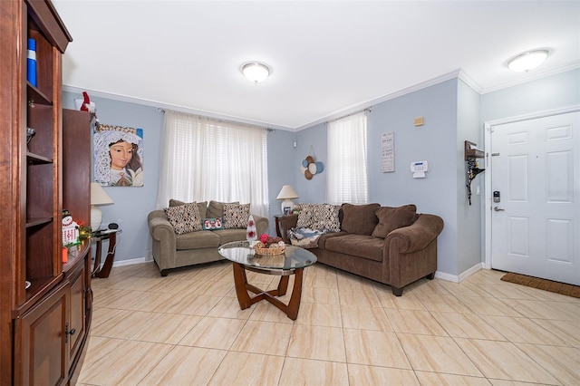 tiled living room featuring ornamental molding