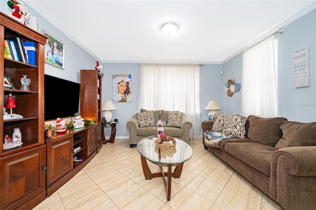 tiled living room with crown molding