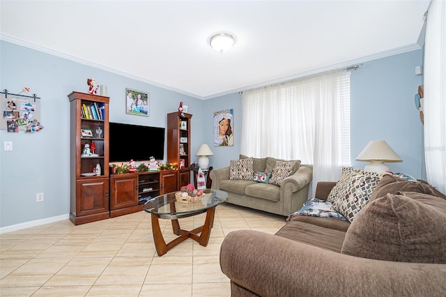 living room featuring crown molding and light tile patterned flooring