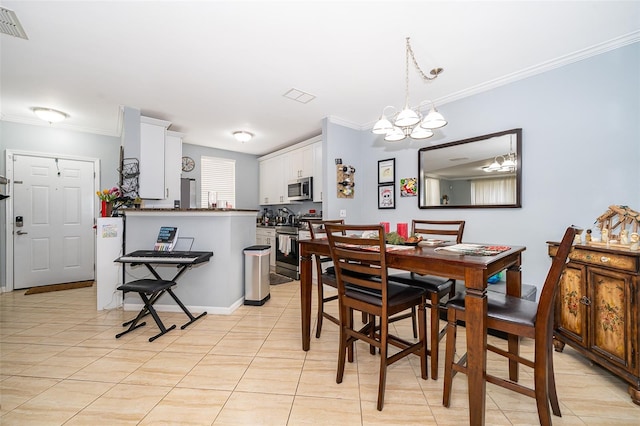 dining area featuring crown molding, light tile patterned floors, and an inviting chandelier