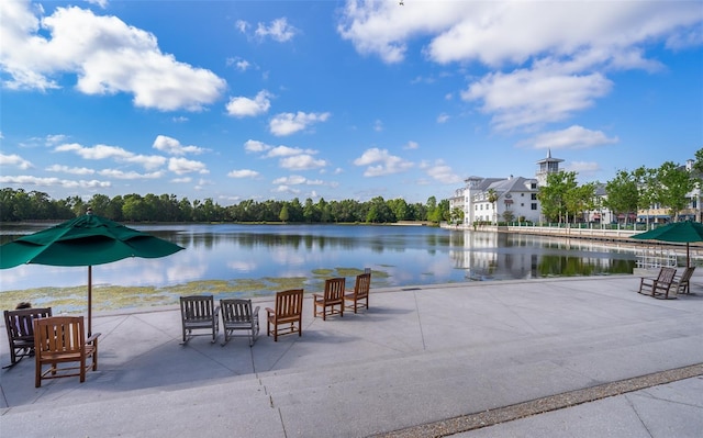 exterior space with a water view