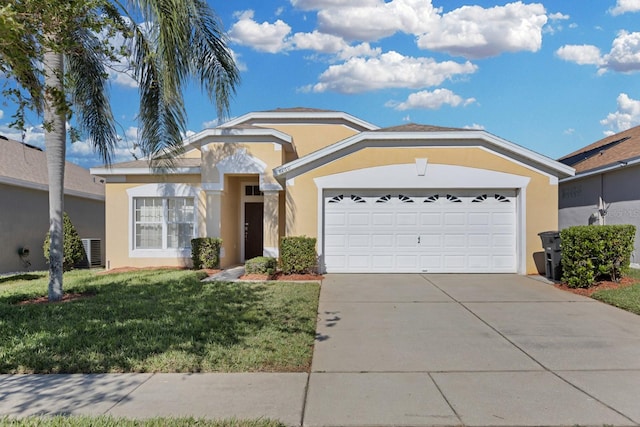 ranch-style home with central AC, a garage, and a front lawn