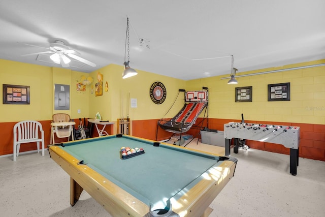 playroom with electric panel, ceiling fan, and pool table