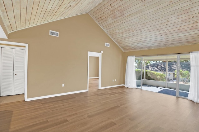 unfurnished living room featuring light wood-type flooring, wooden ceiling, and high vaulted ceiling