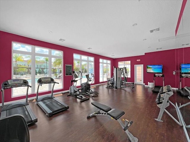 exercise room with wood-type flooring, a textured ceiling, and a wealth of natural light