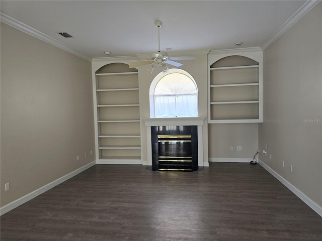 unfurnished living room with crown molding, dark wood-type flooring, and built in features