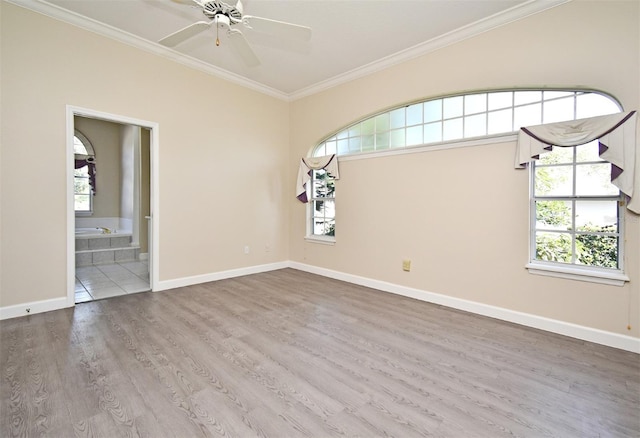 spare room with crown molding, wood-type flooring, and ceiling fan